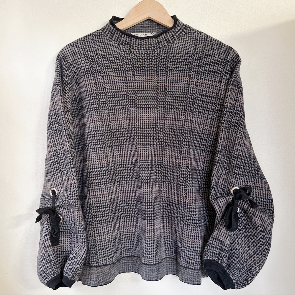 Molly Bracken Houndstooth Knit Sweater Tie Sleeve Balloon Pullover S/M